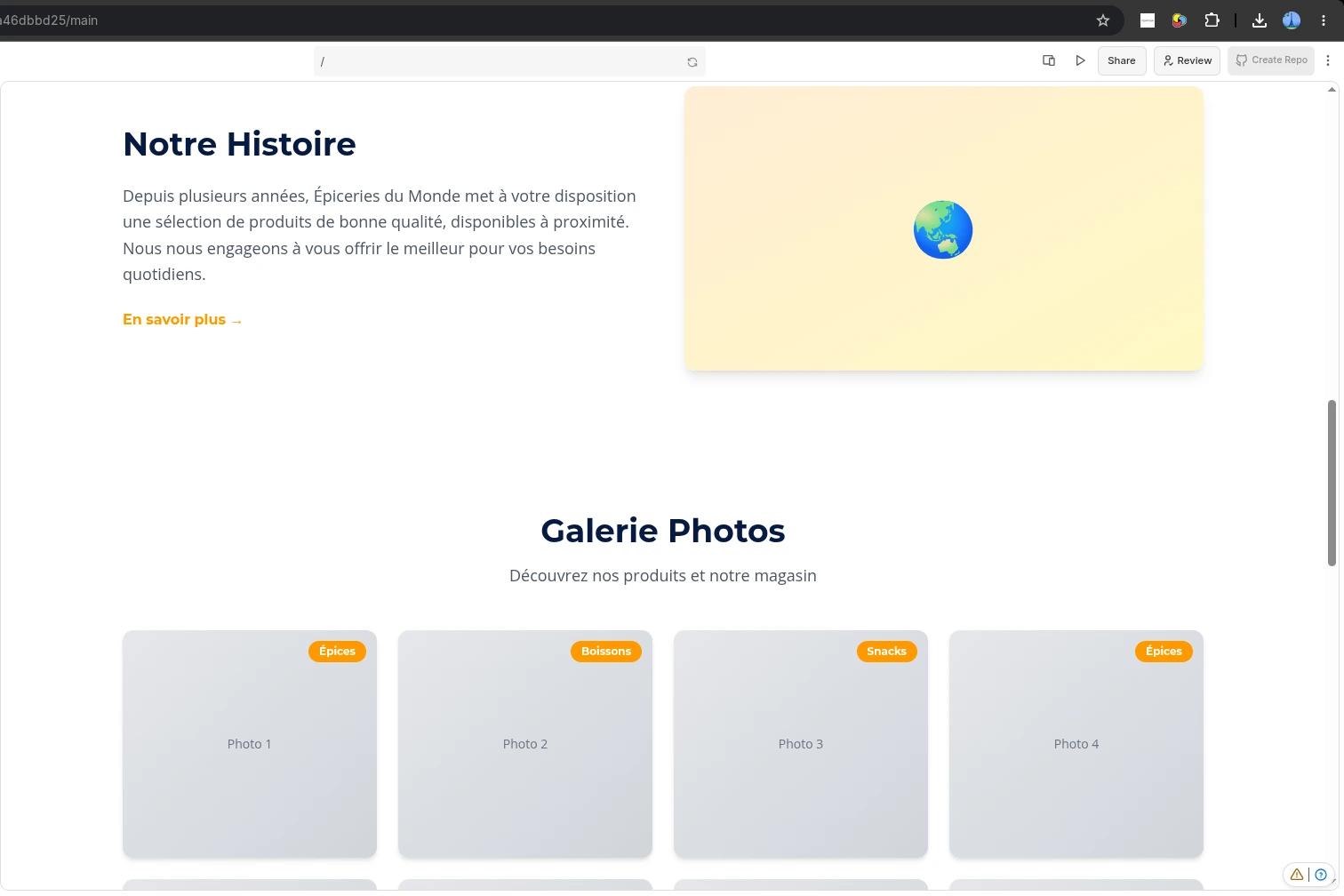 Premier jet Builder.io : histoire et début de galerie. Capture fournie.