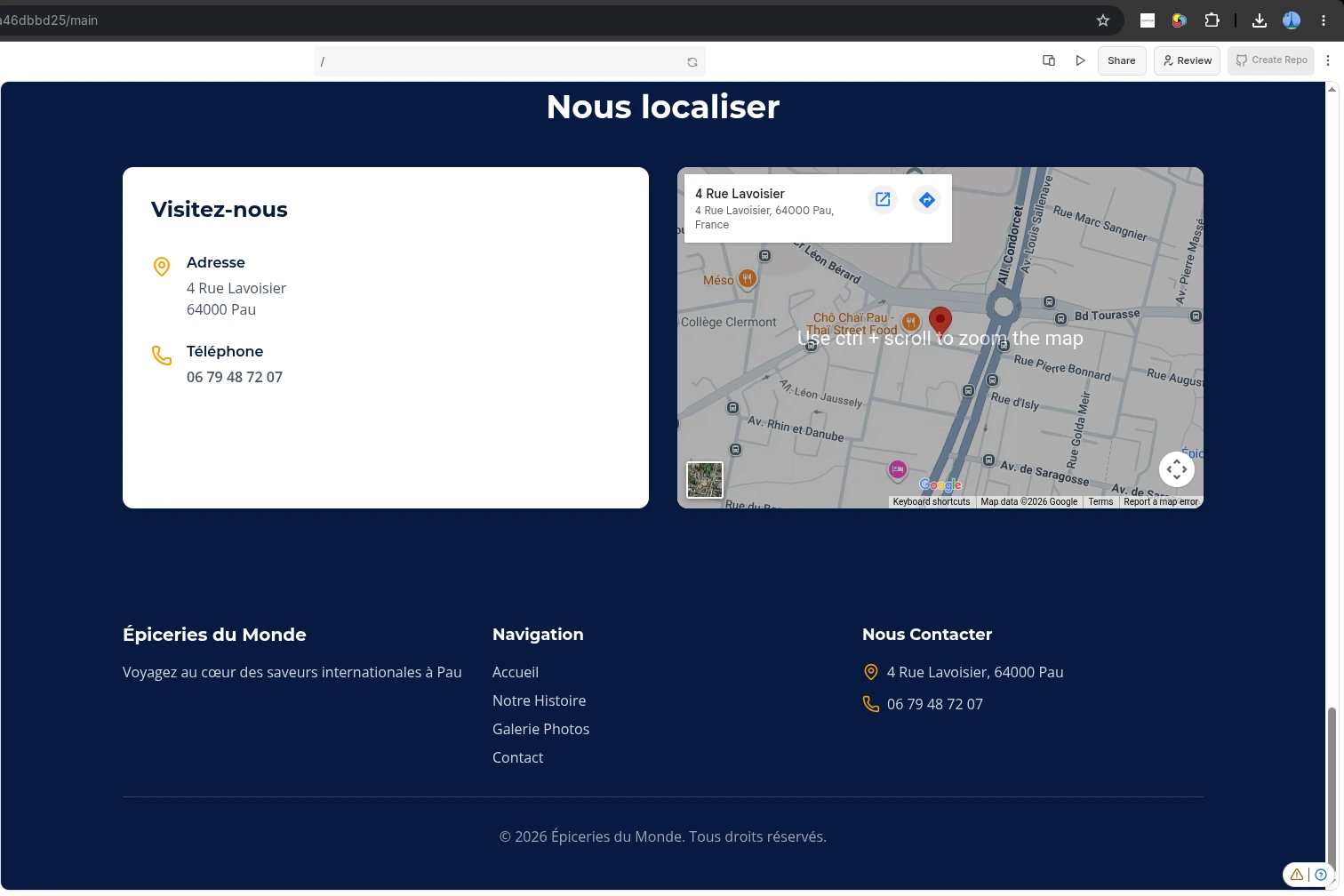 Premier jet Builder.io : contact et pied de page. Capture fournie.