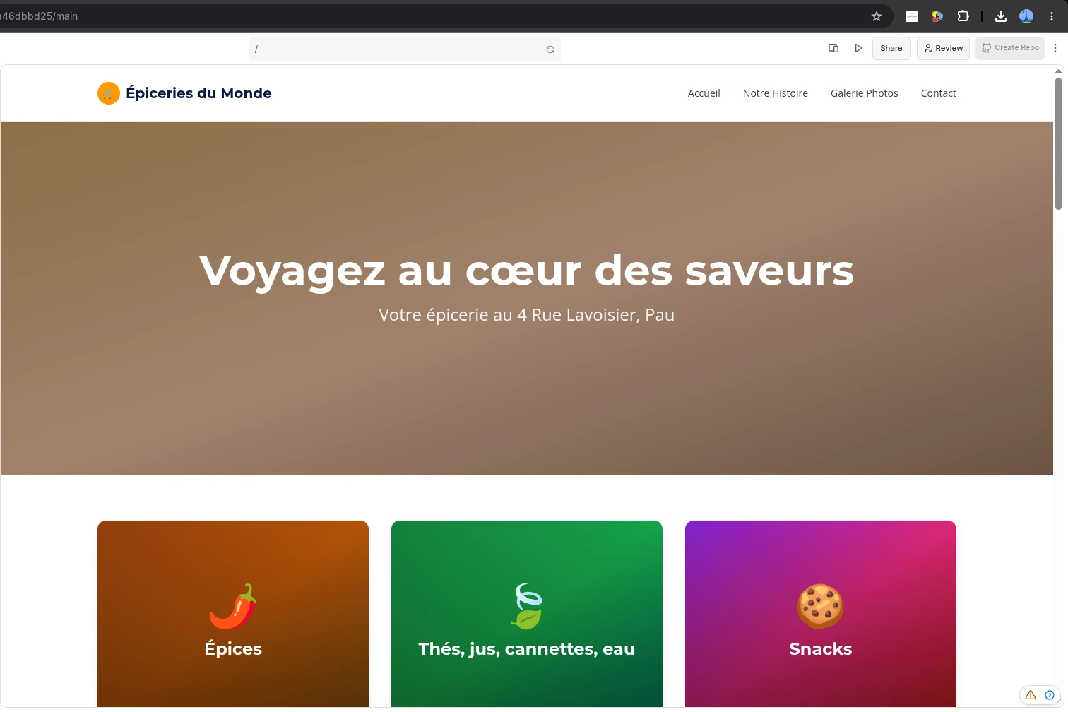 Premier jet Builder.io : accueil et catégories. Capture fournie.